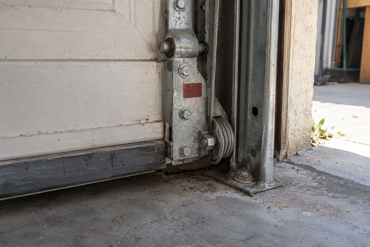 Bottom corner of a garage door showing the bottom bracket, lift cable and roller in the track