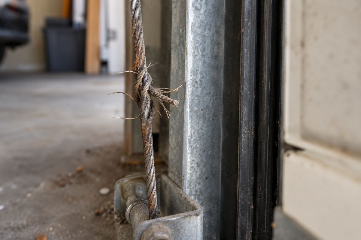 Frayed garage door lift cable with broken, splayed strands beside the vertical track