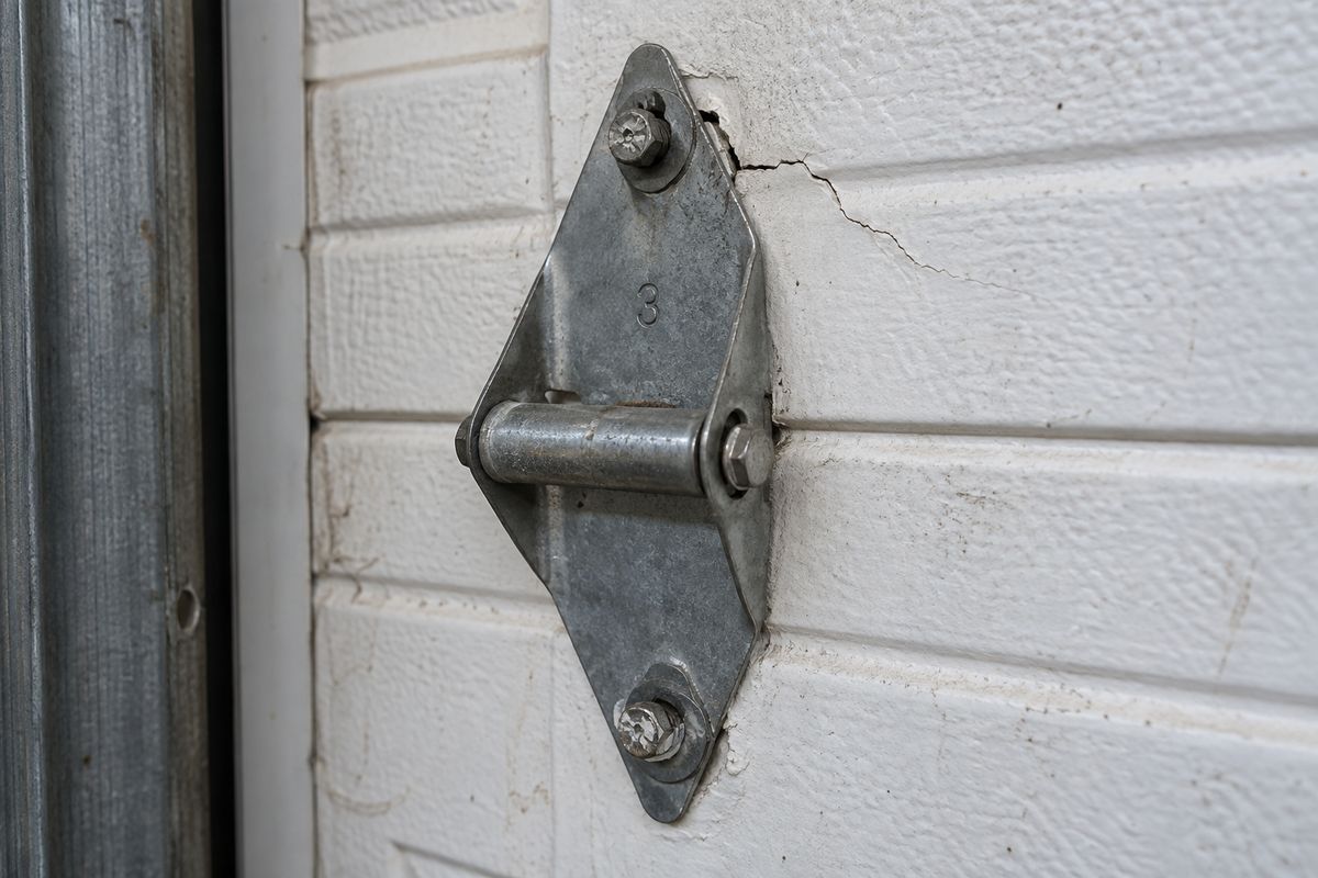 Cracked garage door hinge on a white section, the crack running out from its fastening point