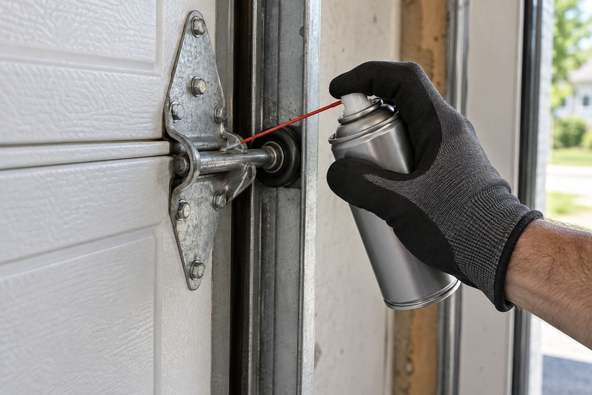 Gloved hand spraying lubricant onto a garage door hinge and roller stem