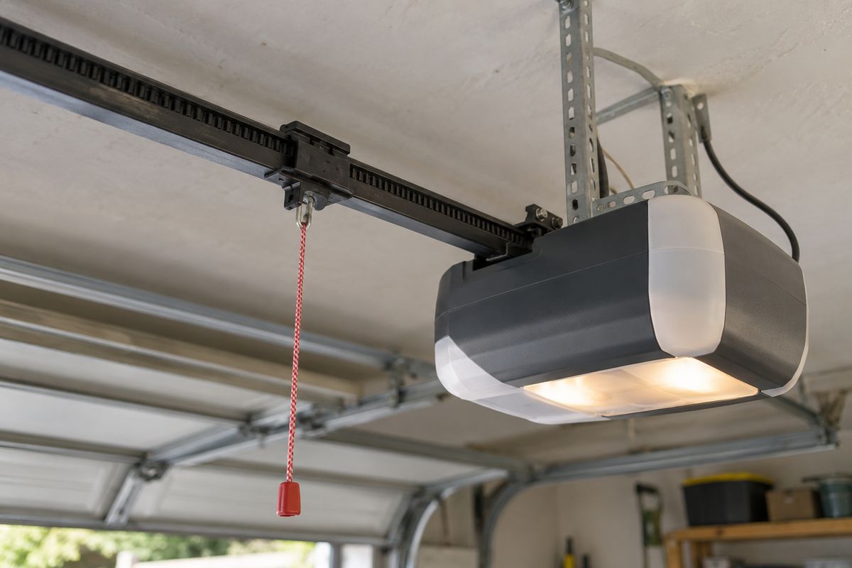 Belt-drive garage door opener on a garage ceiling with its rail and red release cord