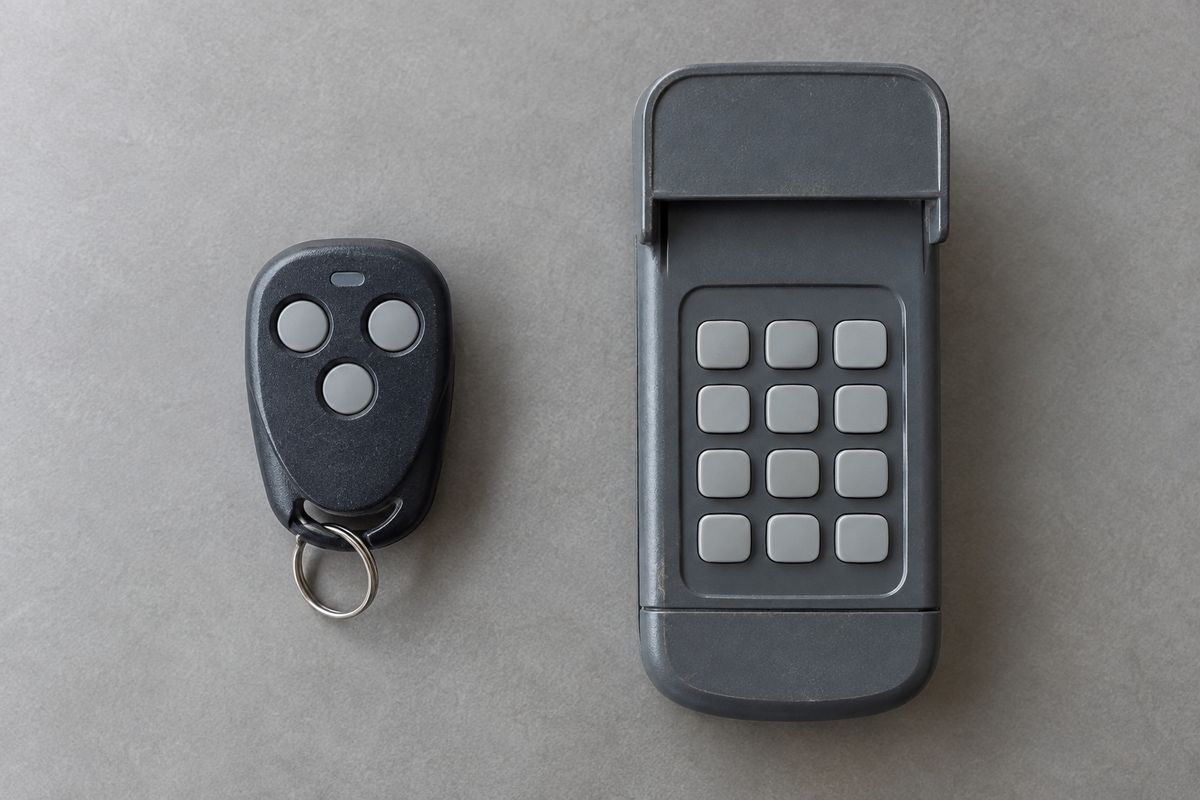 Garage door remote control and outdoor entry keypad on a plain gray surface