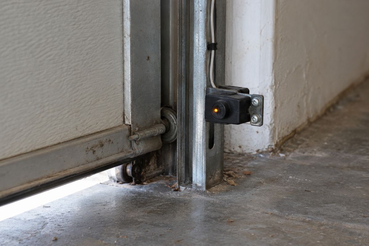 Garage door photo-eye safety sensor mounted just above the floor on the vertical track