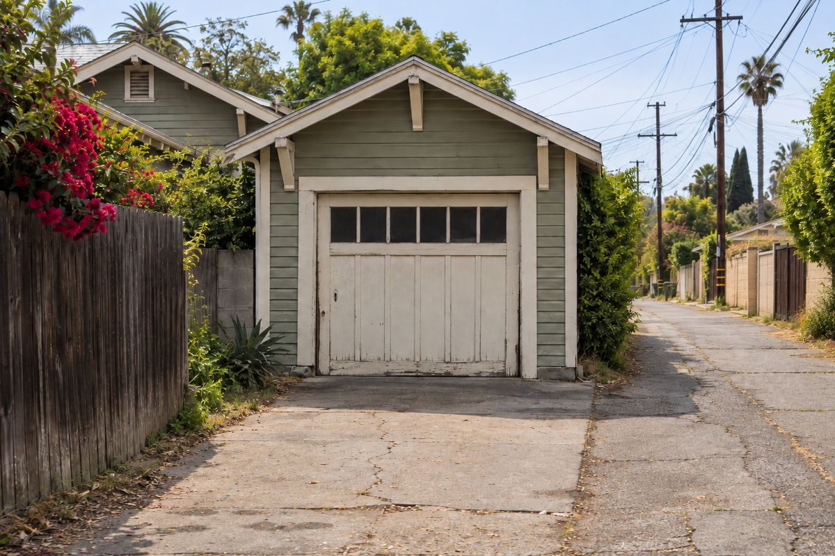 Detached Craftsman-era garage with a wooden garage door, reached from a narrow paved alley