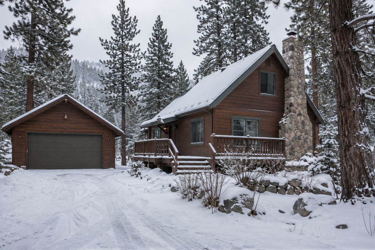Mountain cabin and detached garage with its garage door under snow, surrounded by pine trees