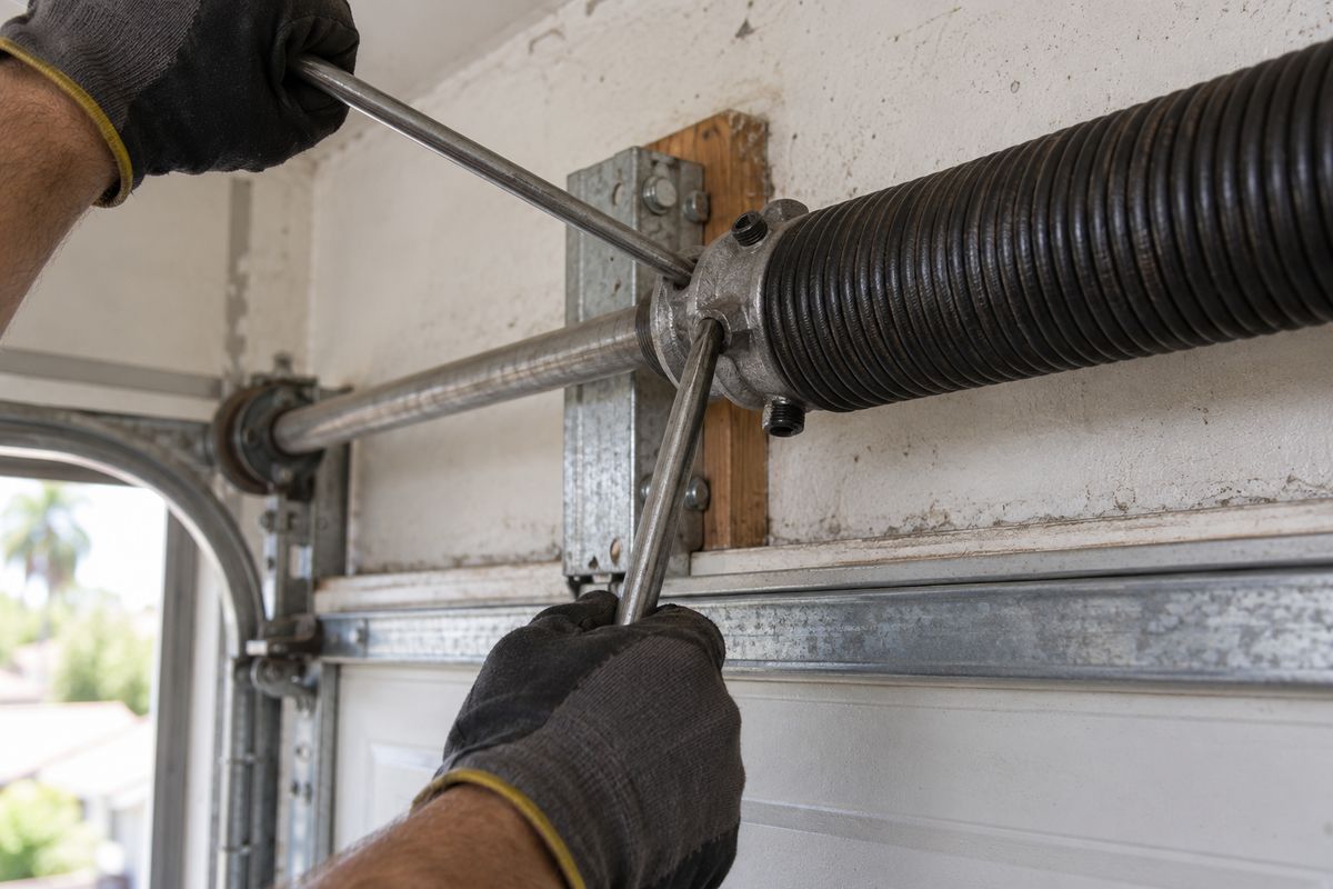 Gloved hands tensioning a garage door torsion spring with two steel winding bars