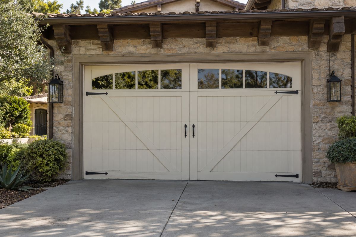 Cream carriage-house garage door with a window row and black strap hardware on a stone and timber home