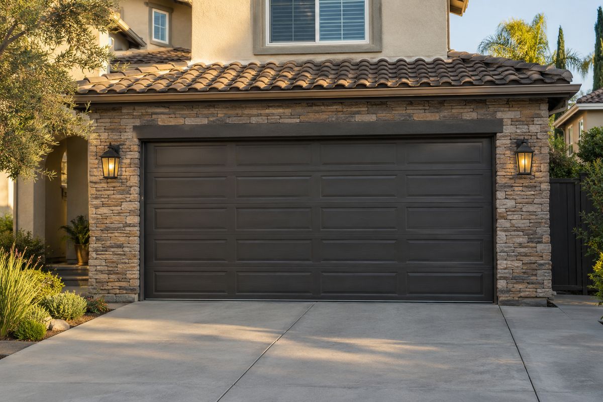 Dark brown long-panel garage door on a home with stone veneer and a tile roof