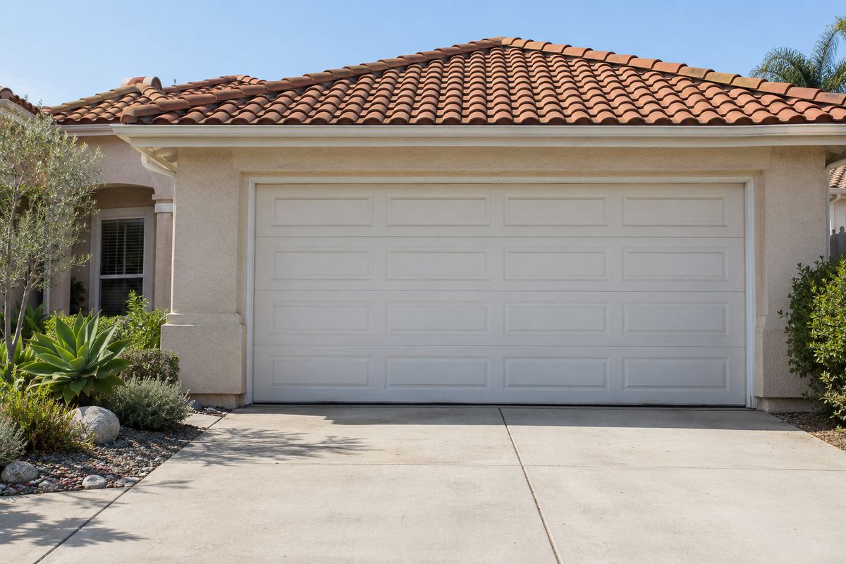 White raised-panel double garage door on a single-story home with a tile roof