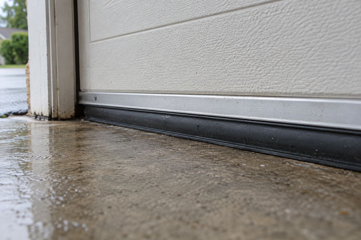 Rubber bottom seal of a garage door pressing against a wet concrete floor