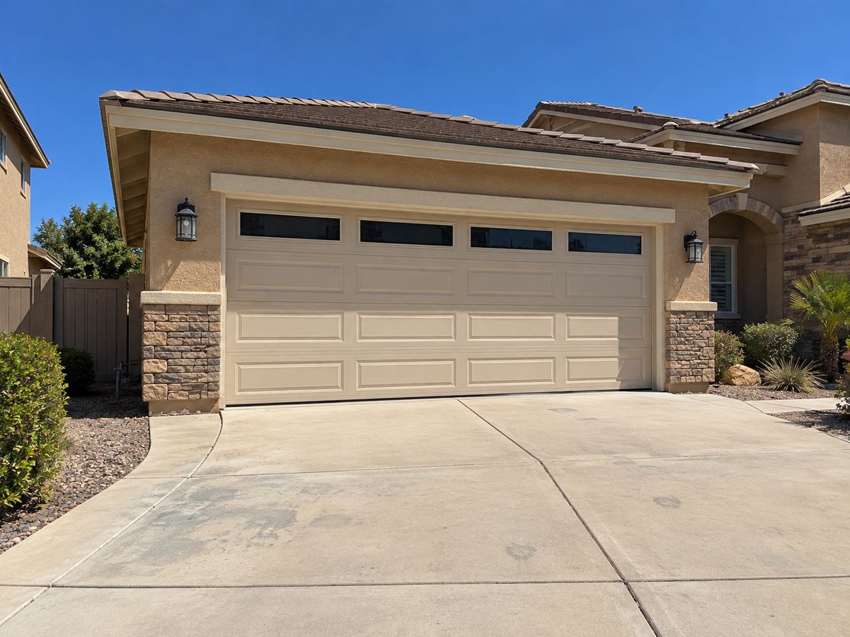 Almond long-panel double garage door with a window row and stone pillars, dry landscaping in front