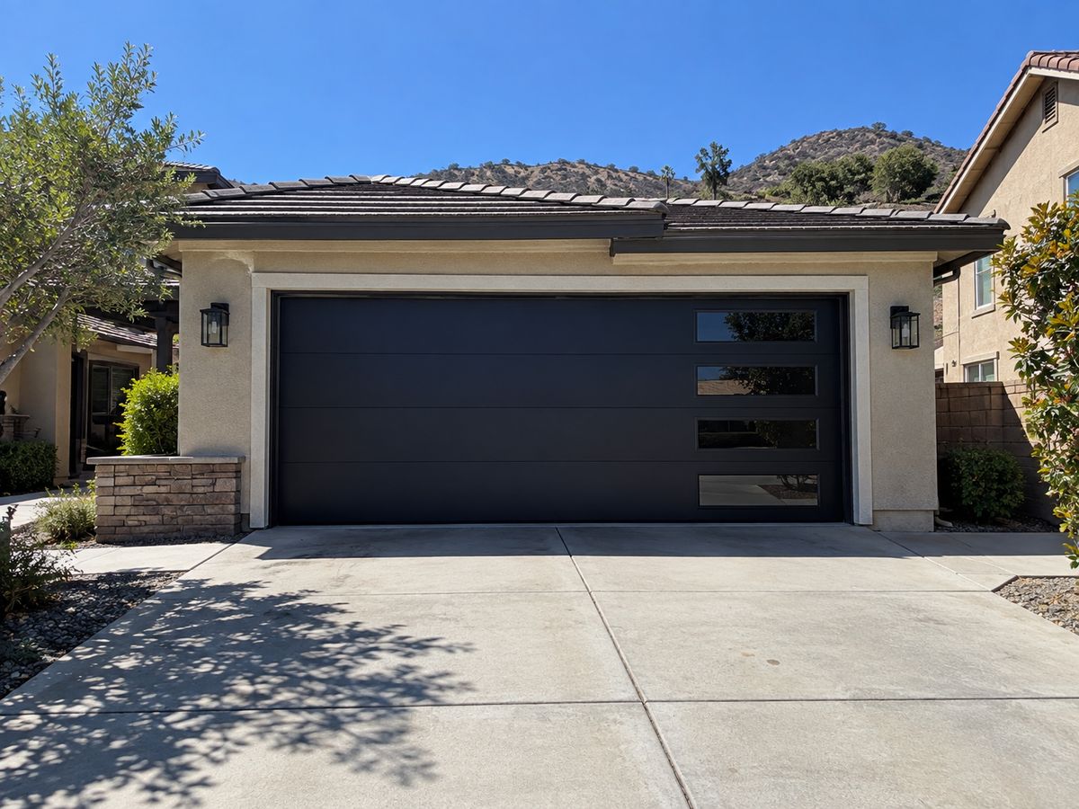 Black flush modern garage door with vertical glass lites on one side, dry hills behind the house