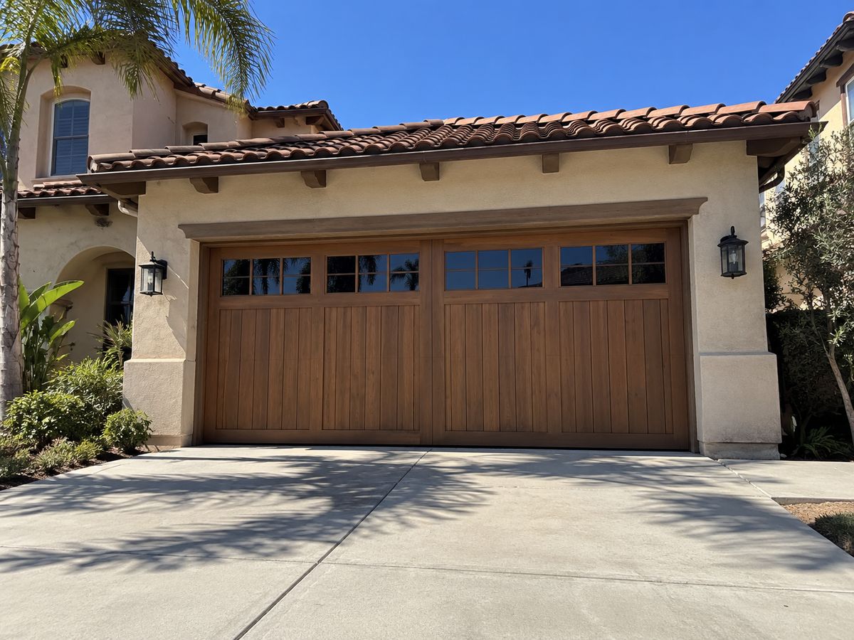 Stained wood carriage-house garage door with windows on a Mediterranean home with a clay tile roof