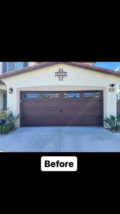 Before and after of a garage door replacement on a white stucco home in Corona